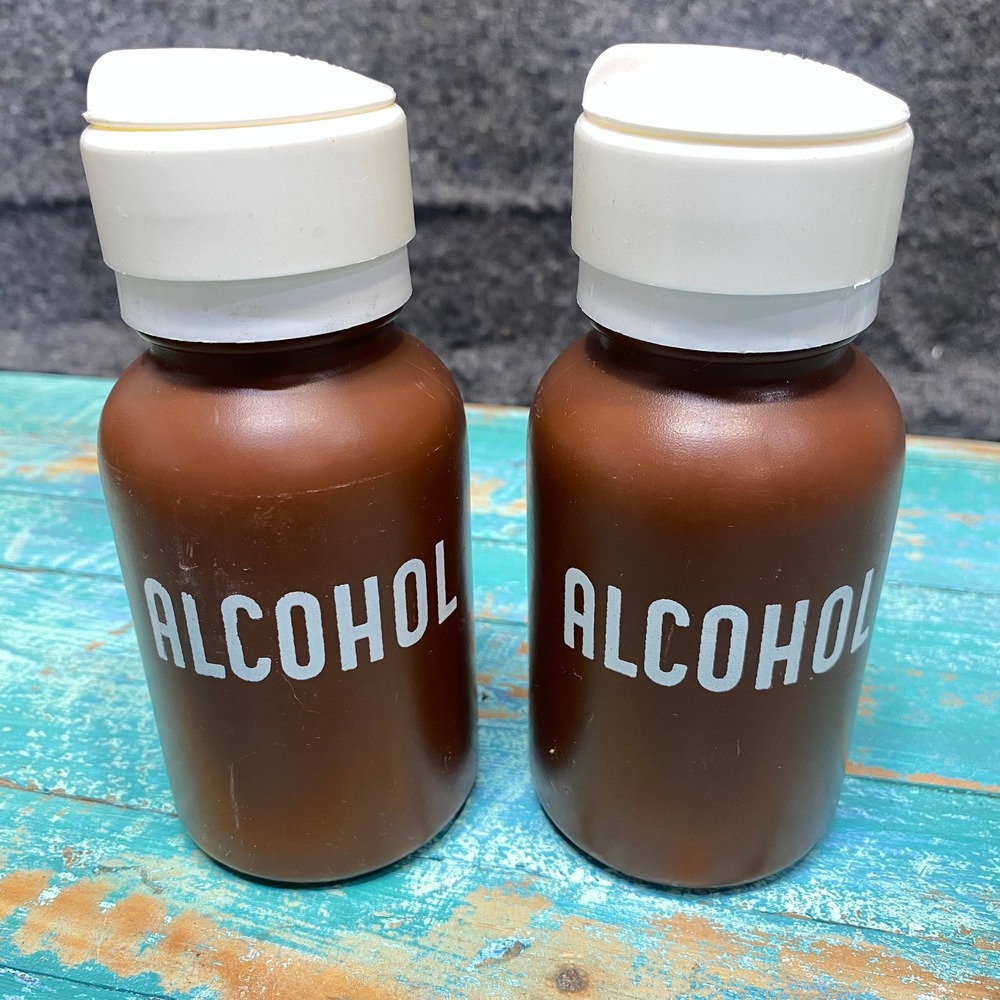 Vintage Menda Alcohol Dispenser Bottles Brown Plastic Collectible Pair